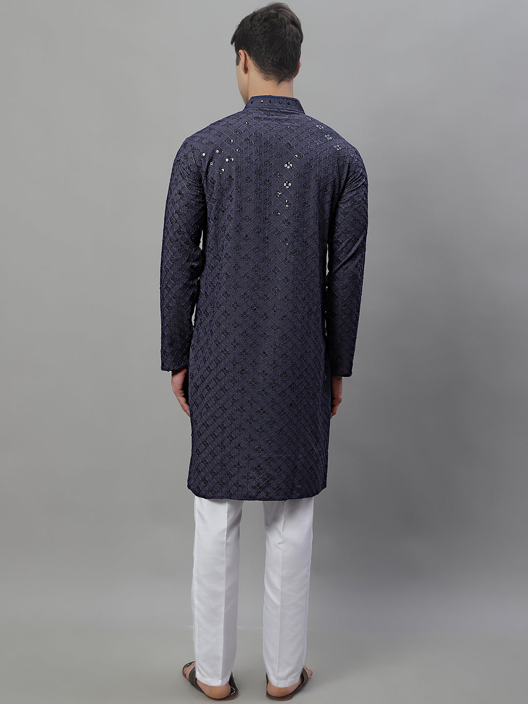 Jompers Men's Grey Chikankari Embroidered and Sequence Kurta with Pyjama | Grocsy