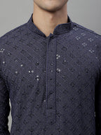 Jompers Men's Grey Chikankari Embroidered and Sequence Kurta with Pyjama | Grocsy