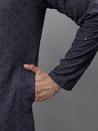 Jompers Men's Grey Chikankari Embroidered and Sequence Kurta with Pyjama | Grocsy