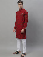 Jompers Men's Maroon Chikankari Embroidered and Sequence Kurta with Pyjama | Grocsy