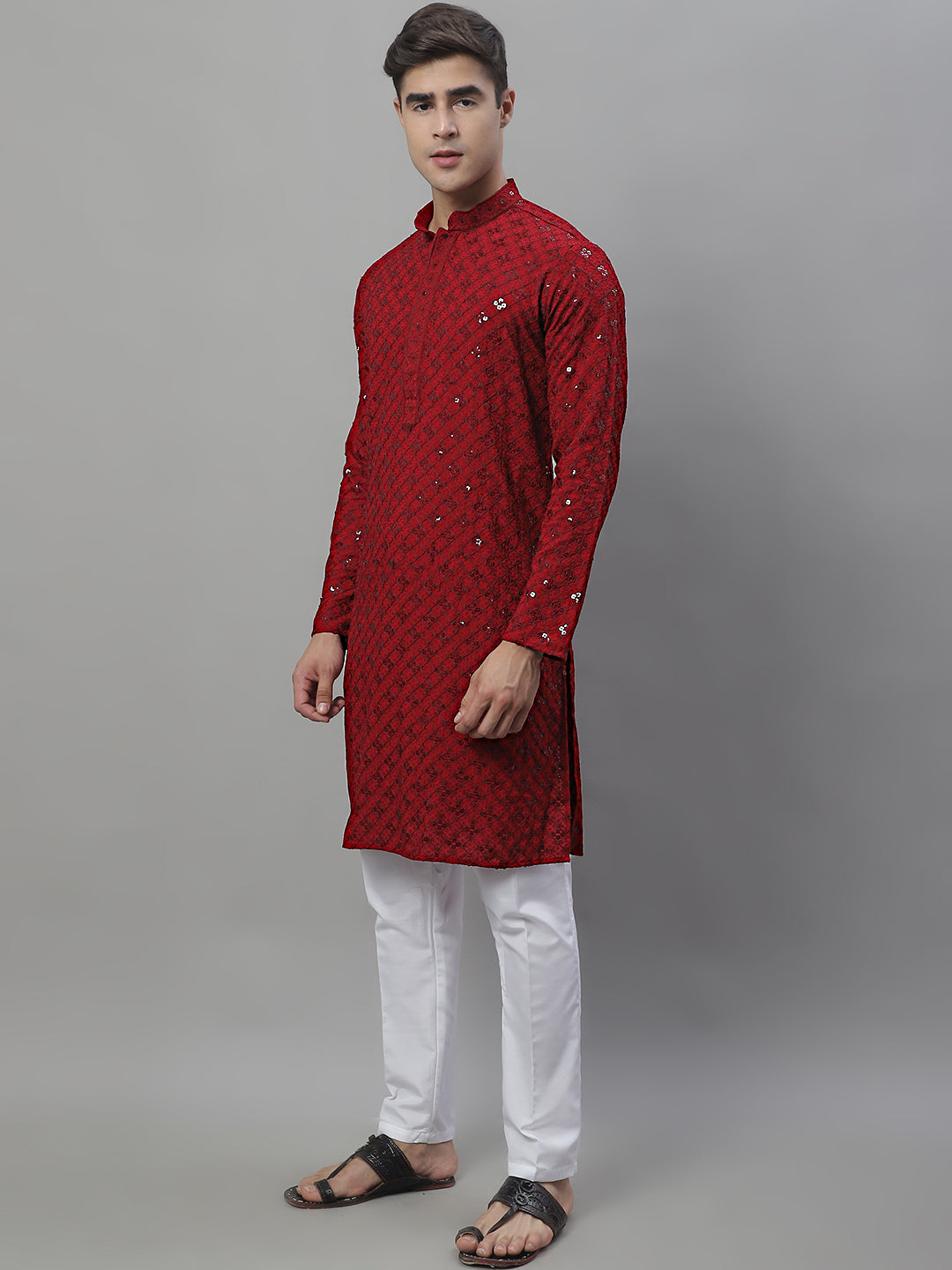 Jompers Men's Maroon Chikankari Embroidered and Sequence Kurta with Pyjama | Grocsy