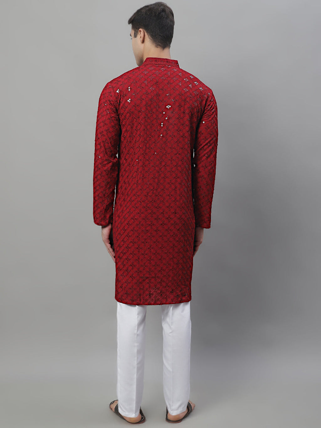 Jompers Men's Maroon Chikankari Embroidered and Sequence Kurta with Pyjama | Grocsy