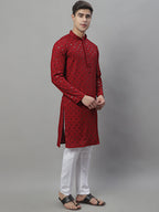 Jompers Men's Maroon Chikankari Embroidered and Sequence Kurta with Pyjama | Grocsy