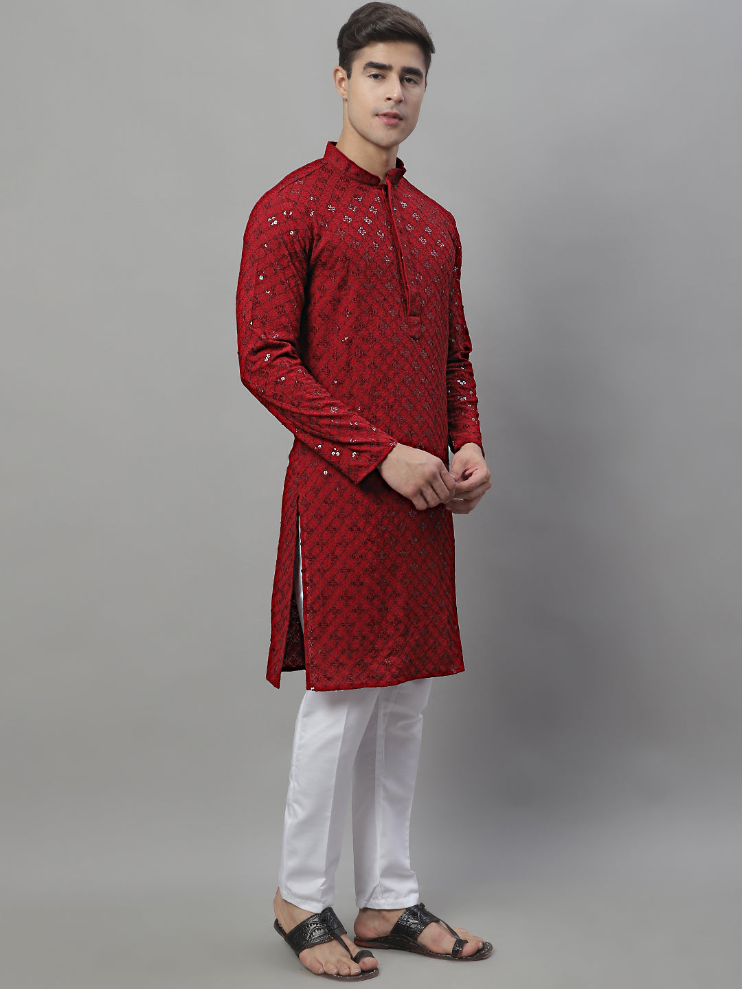 Jompers Men's Maroon Chikankari Embroidered and Sequence Kurta with Pyjama | Grocsy