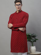 Jompers Men's Maroon Chikankari Embroidered and Sequence Kurta with Pyjama | Grocsy