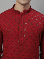 Jompers Men's Maroon Chikankari Embroidered and Sequence Kurta with Pyjama | Grocsy
