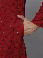 Jompers Men's Maroon Chikankari Embroidered and Sequence Kurta with Pyjama | Grocsy