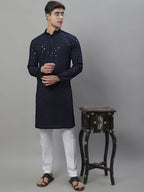 Jompers Men's Navy Blue Chikankari Embroidered and Sequence Kurta with Pyjama | Grocsy