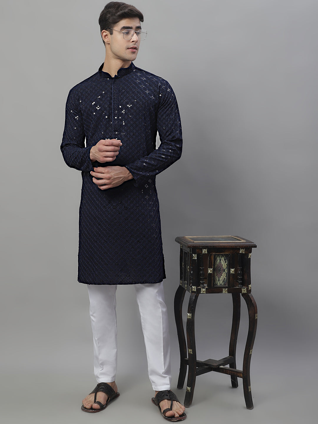 Jompers Men's Navy Blue Chikankari Embroidered and Sequence Kurta with Pyjama | Grocsy