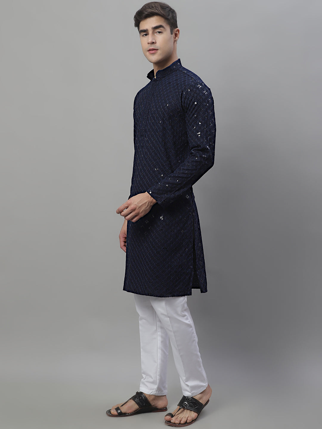Jompers Men's Navy Blue Chikankari Embroidered and Sequence Kurta with Pyjama | Grocsy