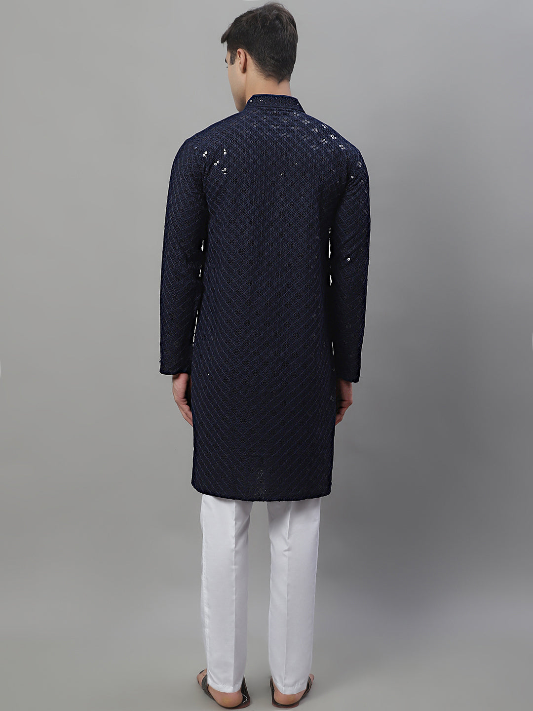 Jompers Men's Navy Blue Chikankari Embroidered and Sequence Kurta with Pyjama | Grocsy