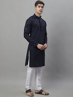 Jompers Men's Navy Blue Chikankari Embroidered and Sequence Kurta with Pyjama | Grocsy