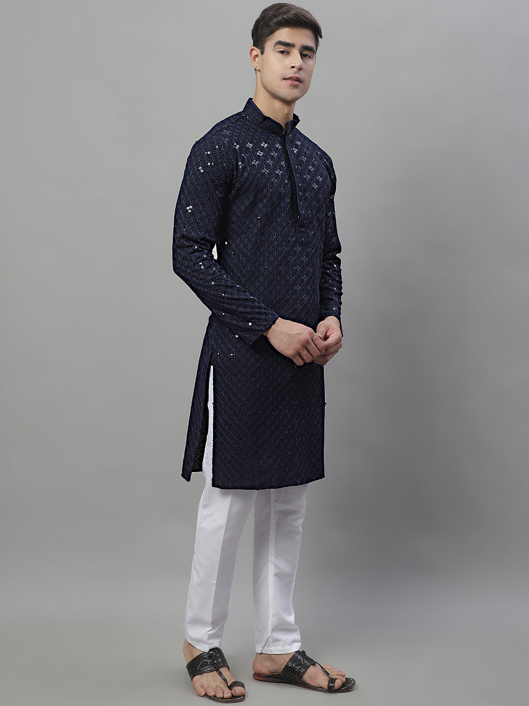 Jompers Men's Navy Blue Chikankari Embroidered and Sequence Kurta with Pyjama | Grocsy