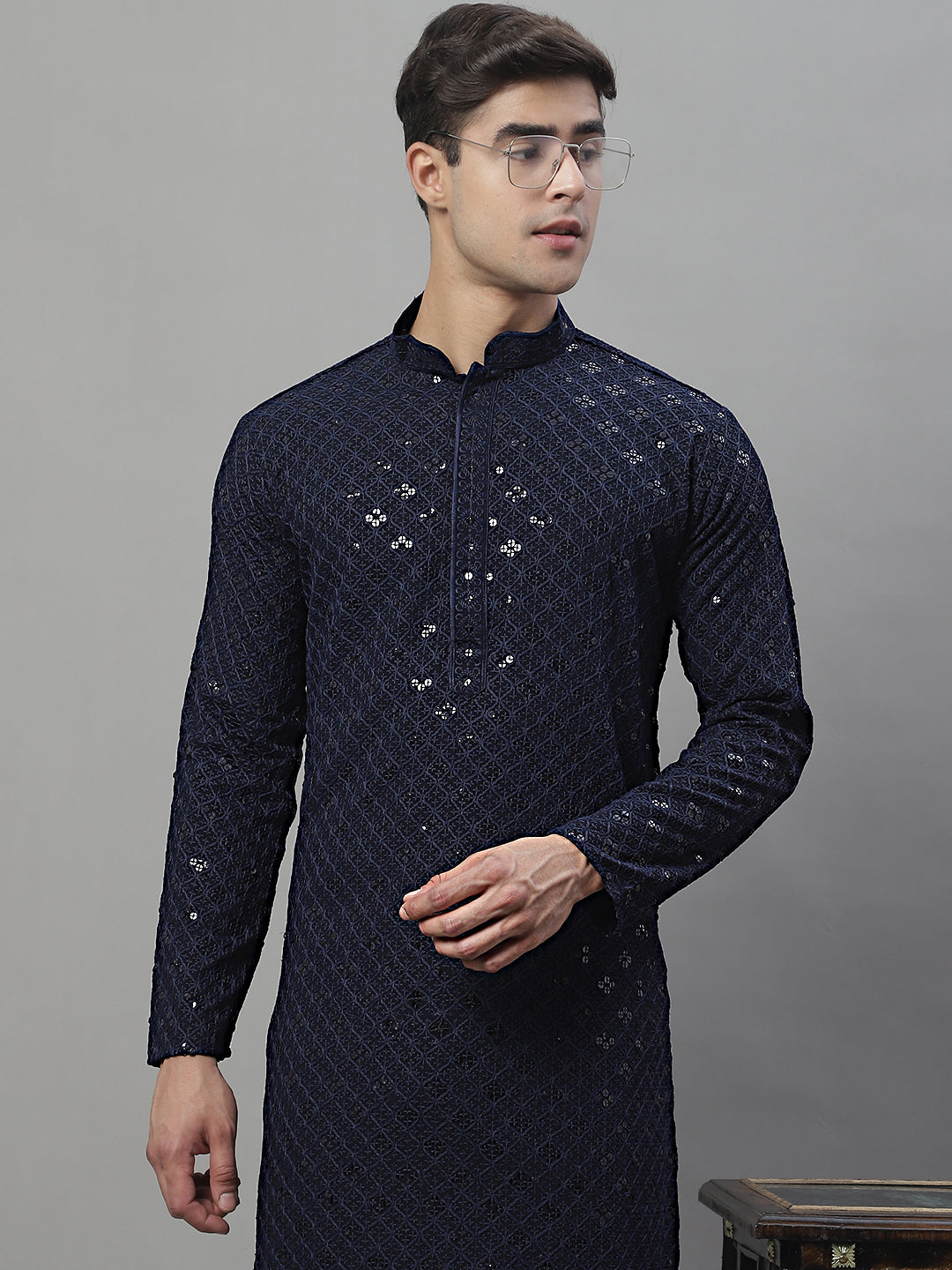 Jompers Men's Navy Blue Chikankari Embroidered and Sequence Kurta with Pyjama | Grocsy