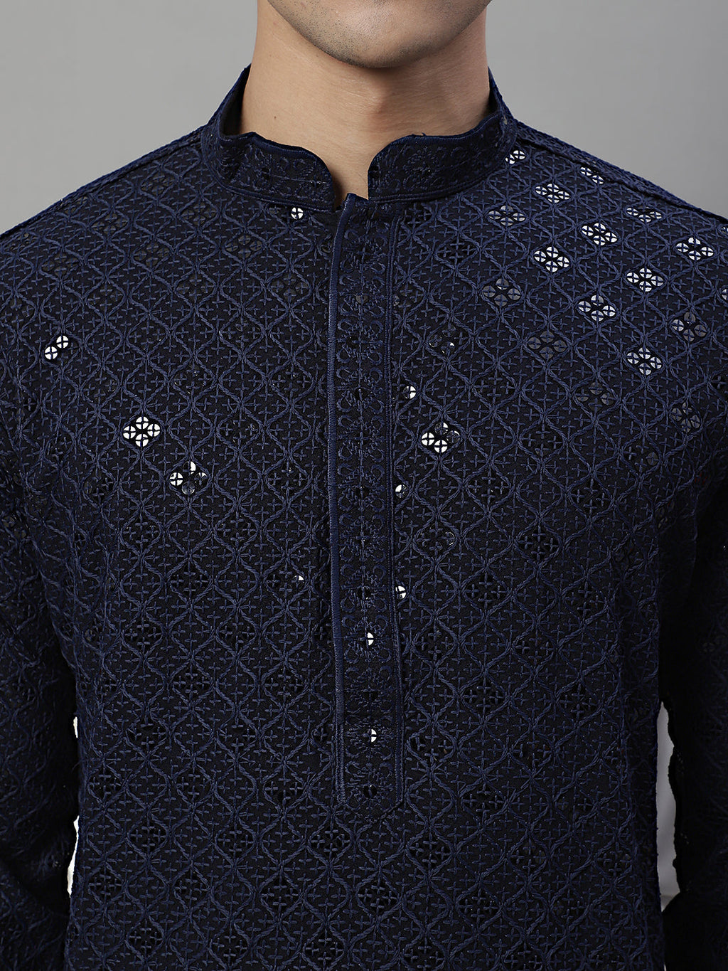 Jompers Men's Navy Blue Chikankari Embroidered and Sequence Kurta with Pyjama | Grocsy