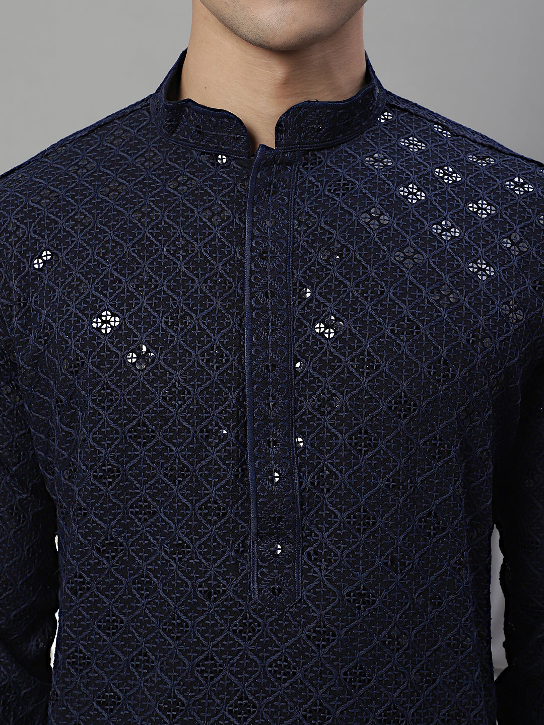 Jompers Men's Navy Blue Chikankari Embroidered and Sequence Kurta with Pyjama | Grocsy