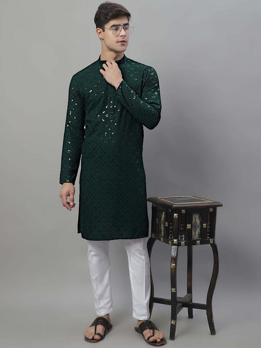Jompers Men's Olive Green Chikankari Embroidered and Sequence Kurta with Pyjama | Grocsy