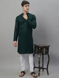 Jompers Men's Olive Green Chikankari Embroidered and Sequence Kurta with Pyjama | Grocsy