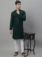 Jompers Men's Olive Green Chikankari Embroidered and Sequence Kurta with Pyjama | Grocsy