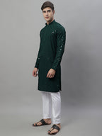 Jompers Men's Olive Green Chikankari Embroidered and Sequence Kurta with Pyjama | Grocsy