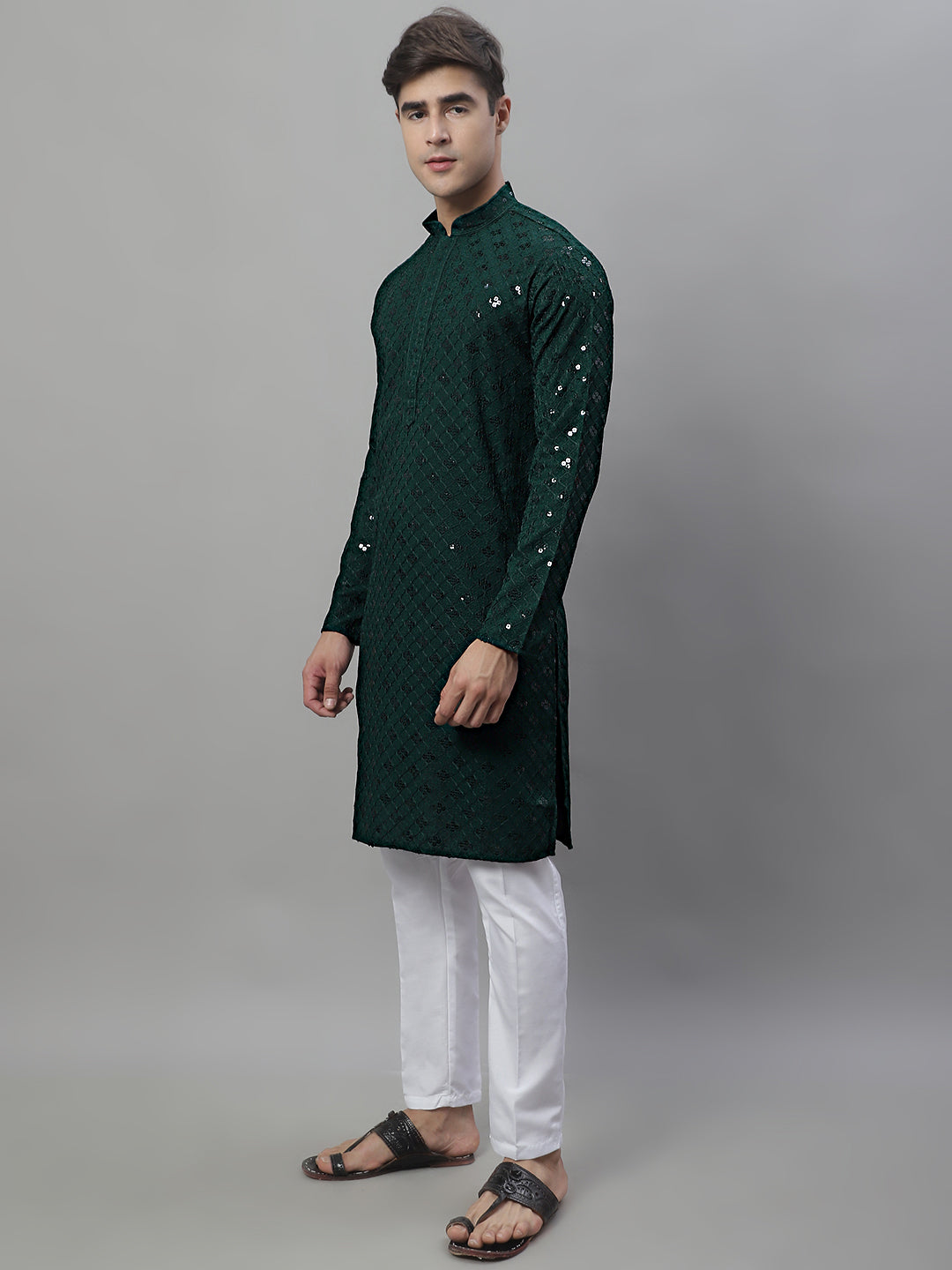 Jompers Men's Olive Green Chikankari Embroidered and Sequence Kurta with Pyjama | Grocsy