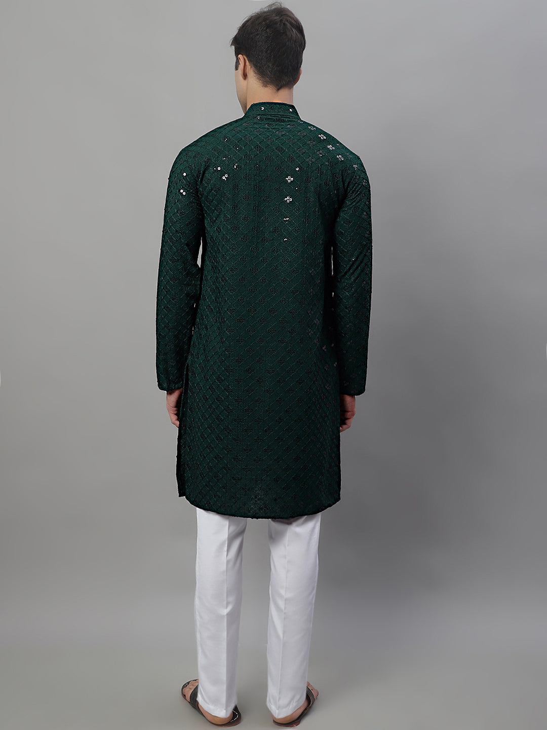 Jompers Men's Olive Green Chikankari Embroidered and Sequence Kurta with Pyjama | Grocsy