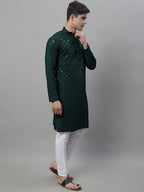 Jompers Men's Olive Green Chikankari Embroidered and Sequence Kurta with Pyjama | Grocsy