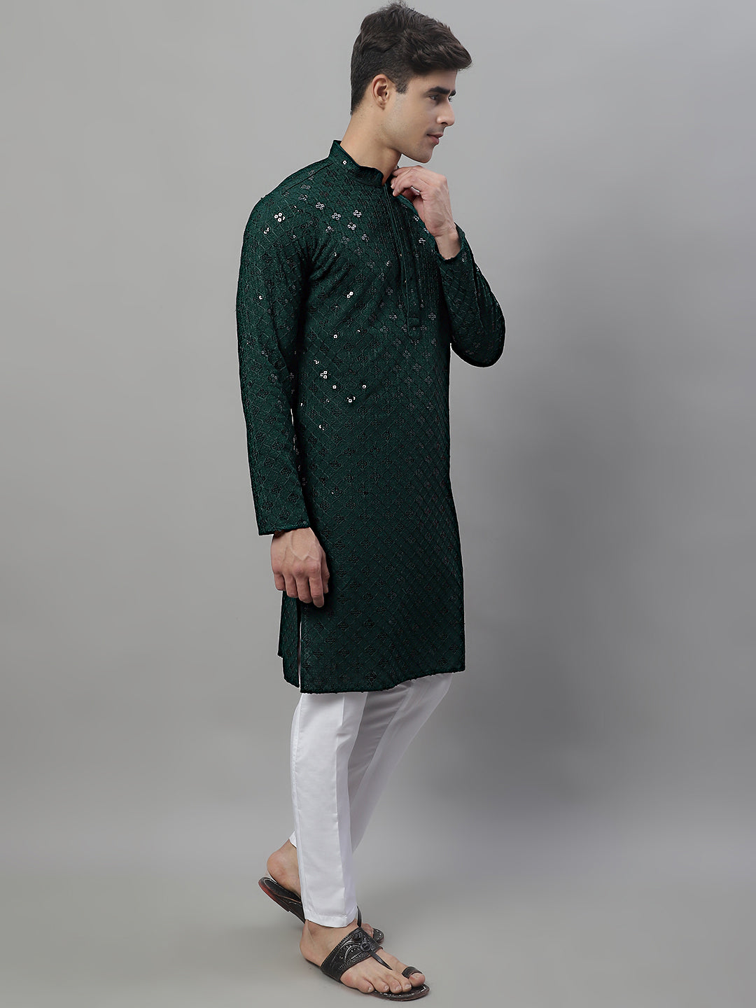 Jompers Men's Olive Green Chikankari Embroidered and Sequence Kurta with Pyjama | Grocsy