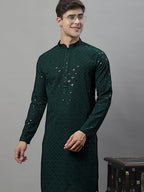 Jompers Men's Olive Green Chikankari Embroidered and Sequence Kurta with Pyjama | Grocsy