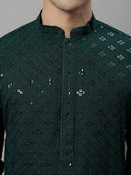 Jompers Men's Olive Green Chikankari Embroidered and Sequence Kurta with Pyjama | Grocsy