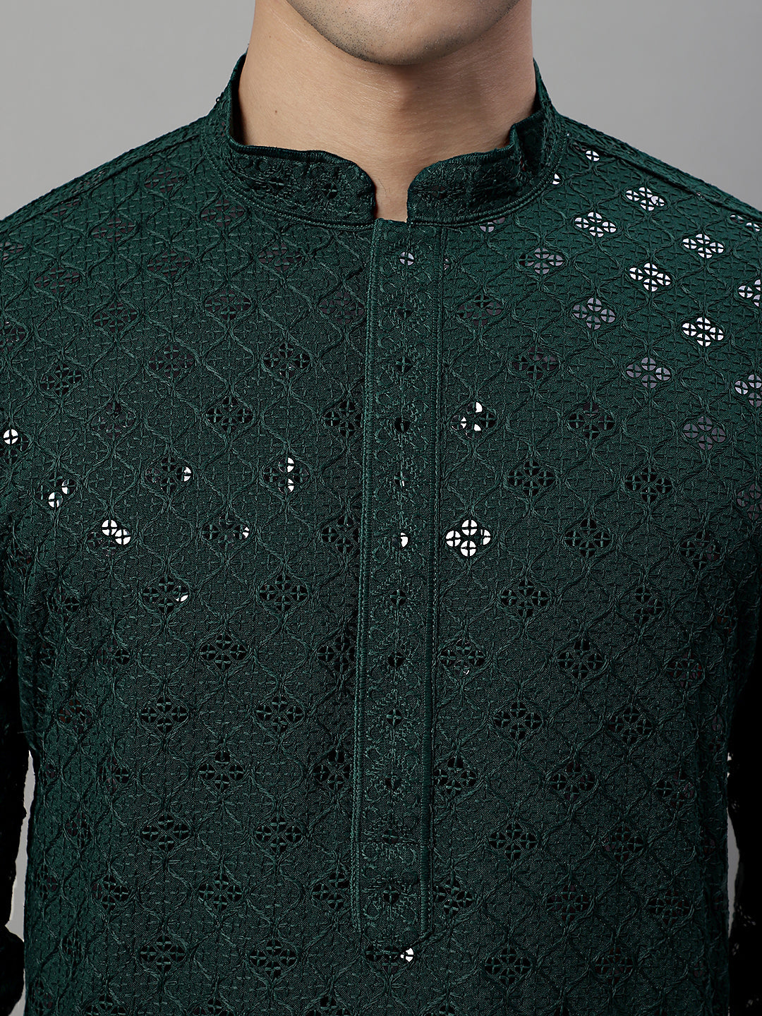 Jompers Men's Olive Green Chikankari Embroidered and Sequence Kurta with Pyjama | Grocsy