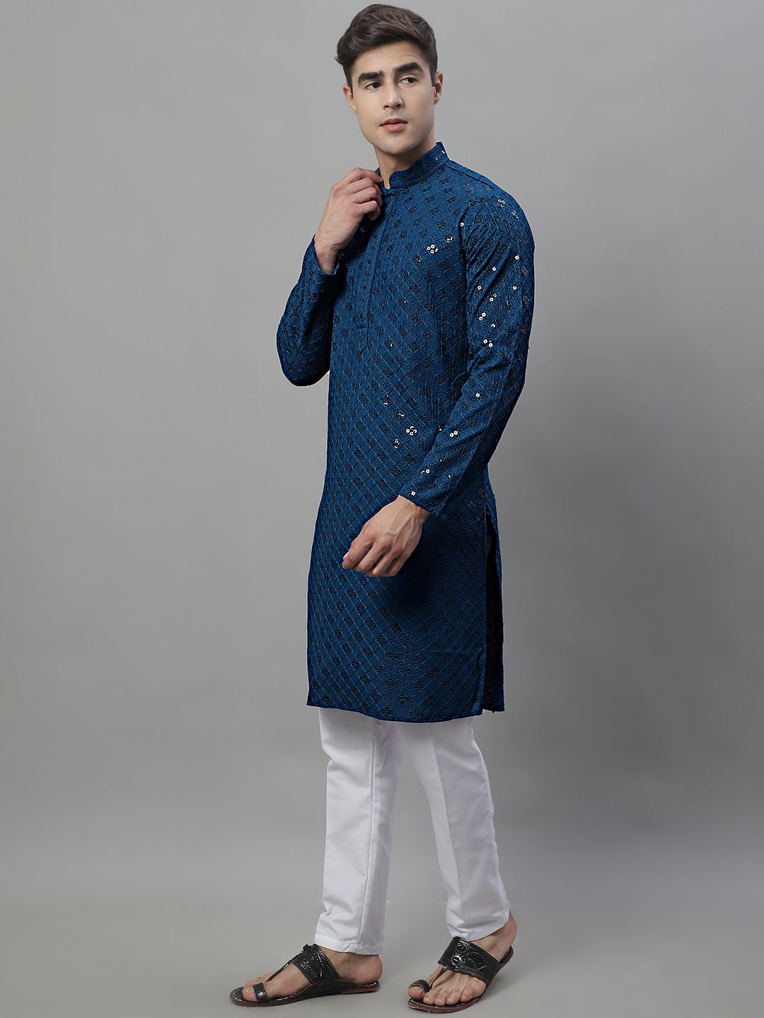 Jompers Men's Peacock Blue Chikankari Embroidered and Sequence Kurta with Pyjama | Grocsy