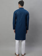 Jompers Men's Peacock Blue Chikankari Embroidered and Sequence Kurta with Pyjama | Grocsy