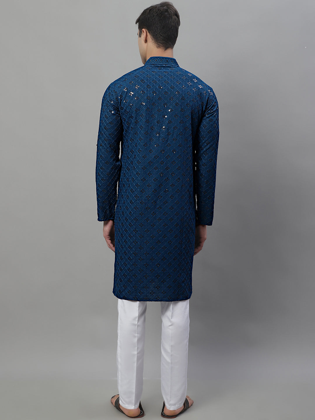 Jompers Men's Peacock Blue Chikankari Embroidered and Sequence Kurta with Pyjama | Grocsy