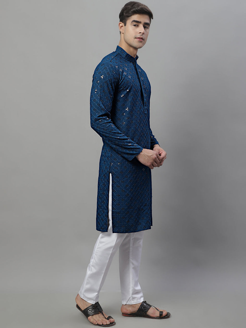 Jompers Men's Peacock Blue Chikankari Embroidered and Sequence Kurta with Pyjama | Grocsy