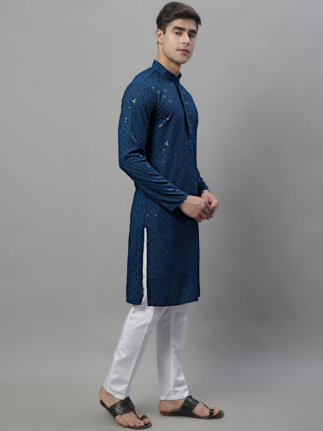 Jompers Men's Peacock Blue Chikankari Embroidered and Sequence Kurta with Pyjama | Grocsy