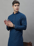 Jompers Men's Peacock Blue Chikankari Embroidered and Sequence Kurta with Pyjama | Grocsy