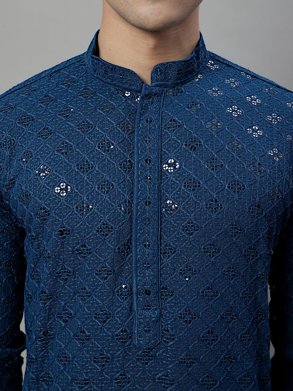 Jompers Men's Peacock Blue Chikankari Embroidered and Sequence Kurta with Pyjama | Grocsy