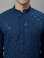 Jompers Men's Peacock Blue Chikankari Embroidered and Sequence Kurta with Pyjama | Grocsy