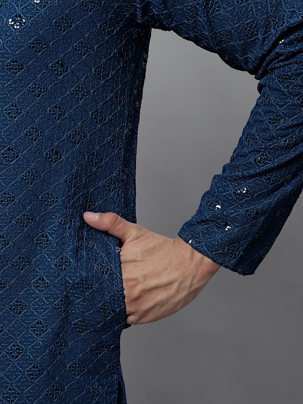Jompers Men's Peacock Blue Chikankari Embroidered and Sequence Kurta with Pyjama | Grocsy