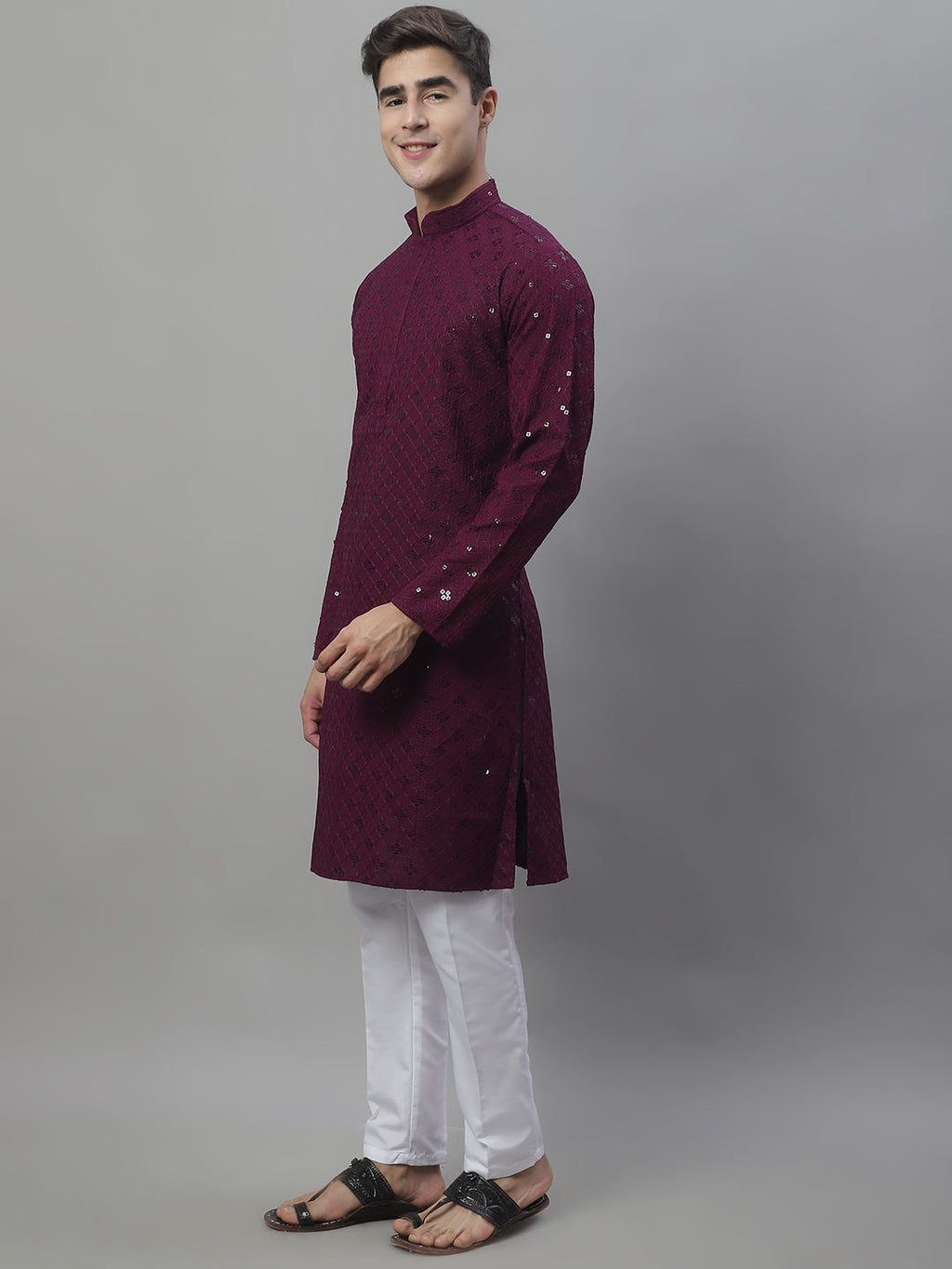 Jompers Men's Purple Chikankari Embroidered and Sequence Kurta with Pyjama | Grocsy