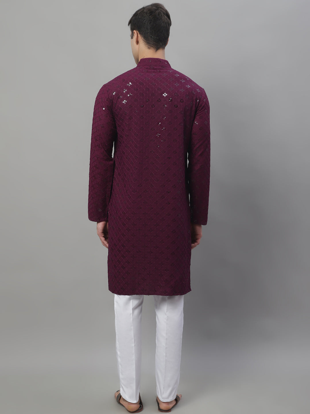 Jompers Men's Purple Chikankari Embroidered and Sequence Kurta with Pyjama | Grocsy