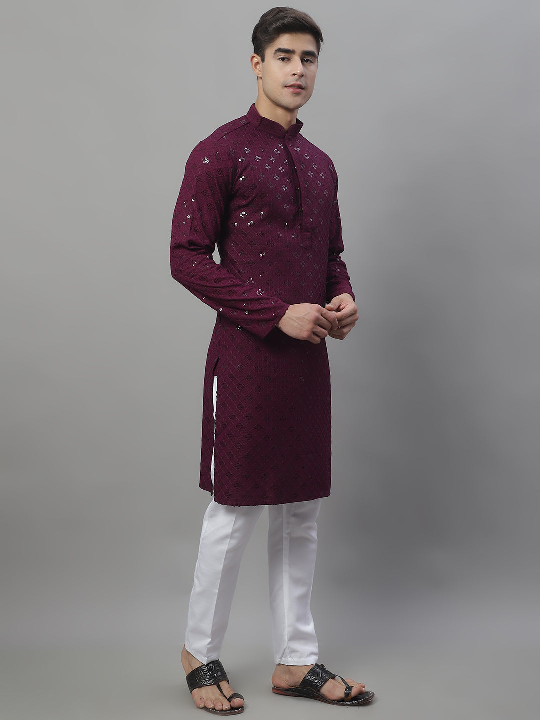 Jompers Men's Purple Chikankari Embroidered and Sequence Kurta with Pyjama | Grocsy