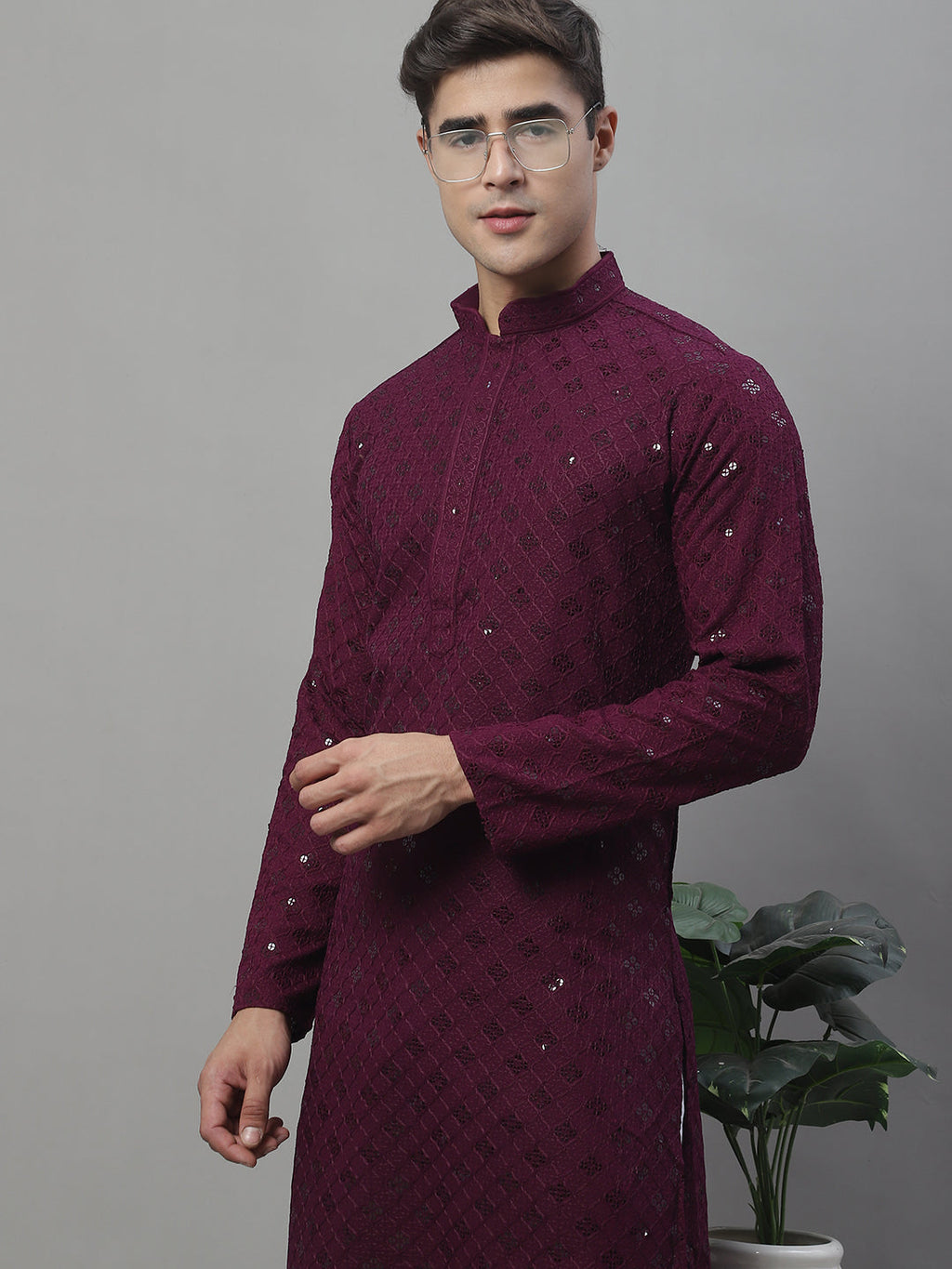 Jompers Men's Purple Chikankari Embroidered and Sequence Kurta with Pyjama | Grocsy