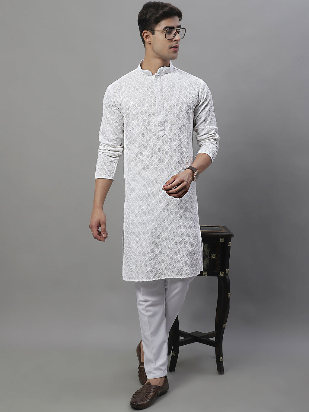 Jompers Men's White Chikankari Embroidered and Sequence Kurta with Pyjama | Grocsy