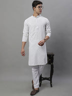 Jompers Men's White Chikankari Embroidered and Sequence Kurta with Pyjama | Grocsy