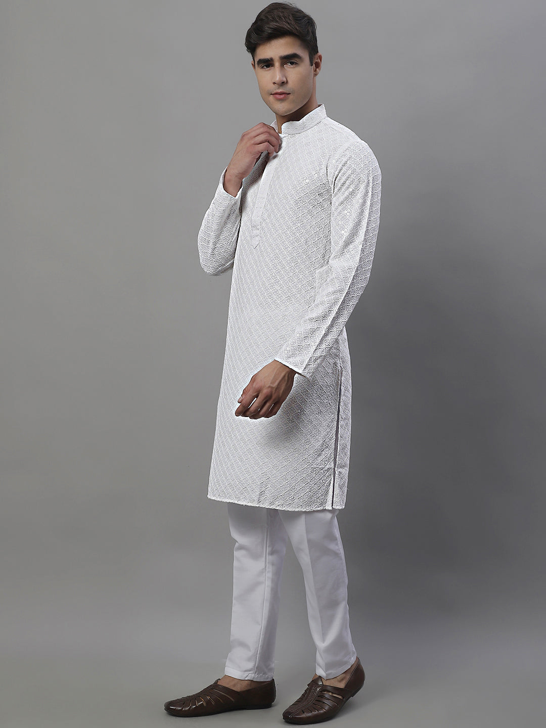 Jompers Men's White Chikankari Embroidered and Sequence Kurta with Pyjama | Grocsy