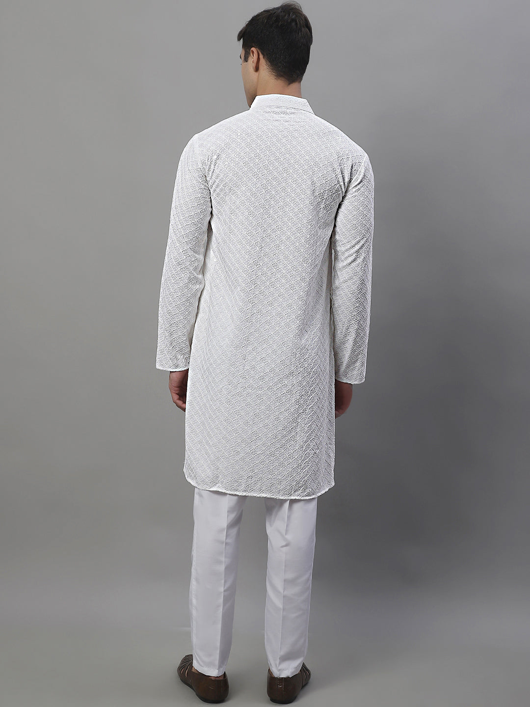 Jompers Men's White Chikankari Embroidered and Sequence Kurta with Pyjama | Grocsy