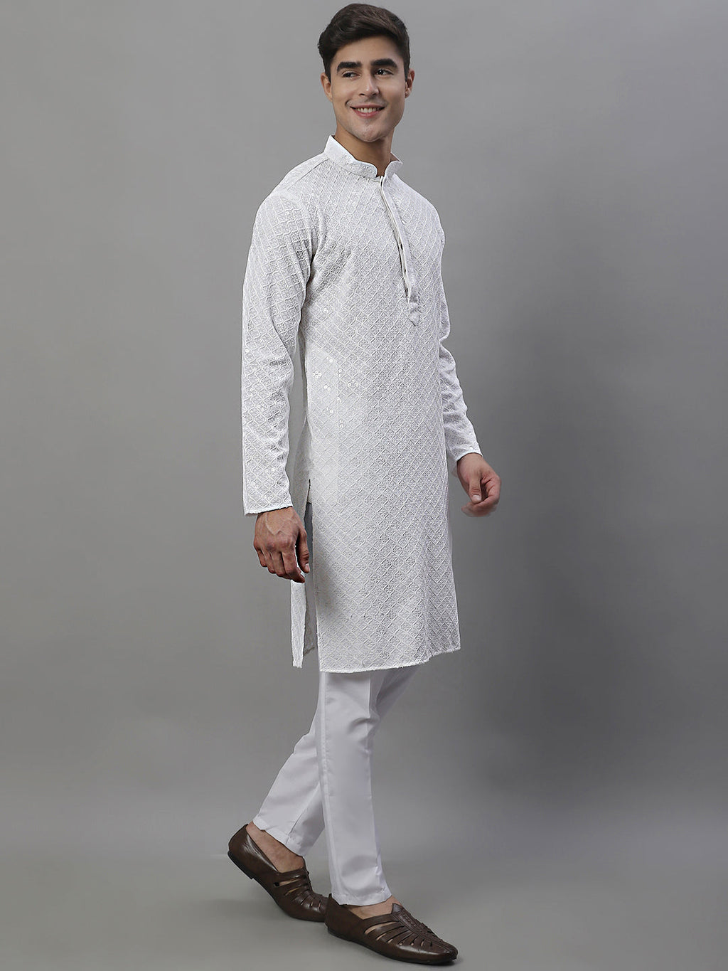 Jompers Men's White Chikankari Embroidered and Sequence Kurta with Pyjama | Grocsy