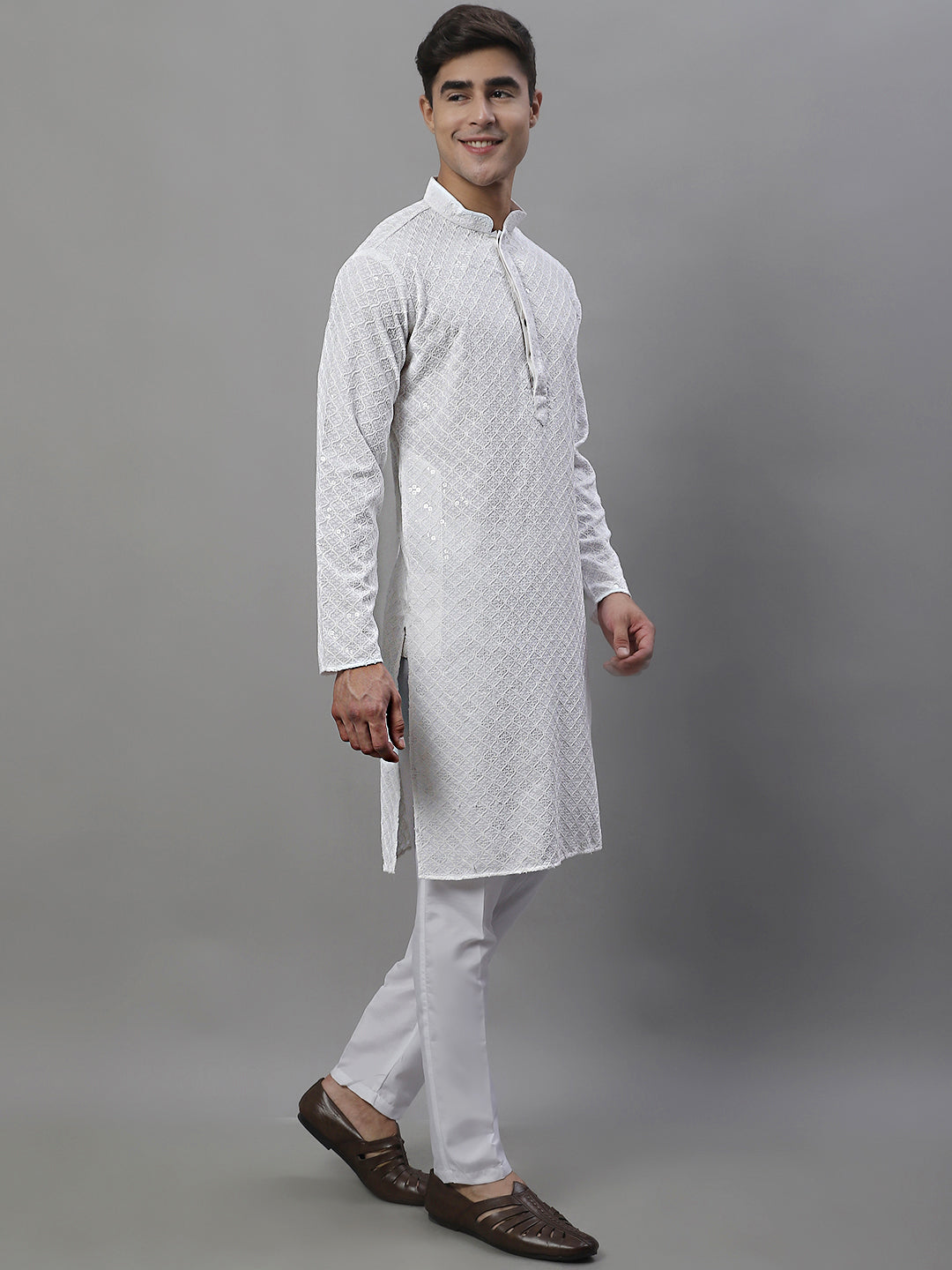 Jompers Men's White Chikankari Embroidered and Sequence Kurta with Pyjama | Grocsy